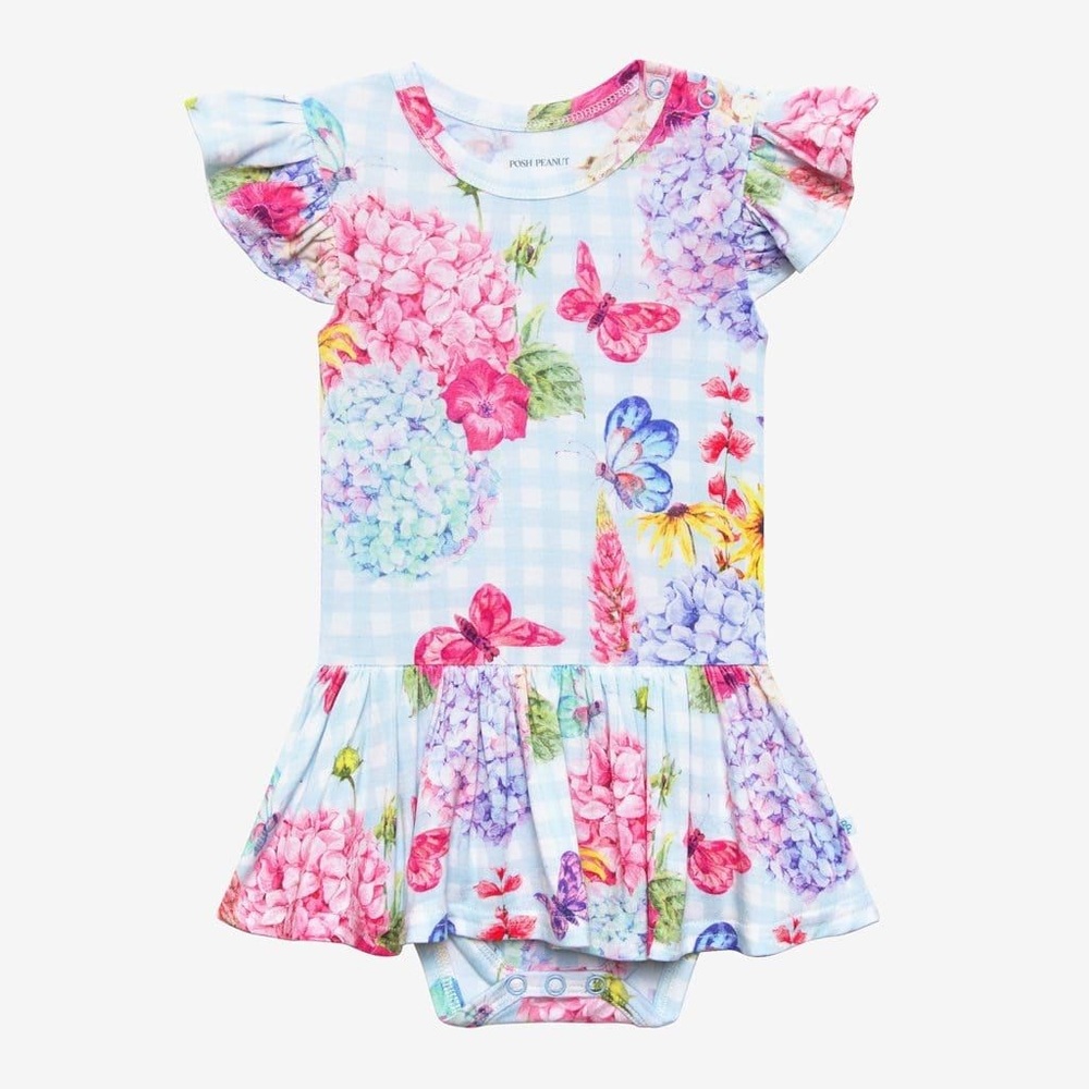 Posh Peanut Ruffled Cap Sleeve Twirl Skirt Bodysuit in Nicolette Print